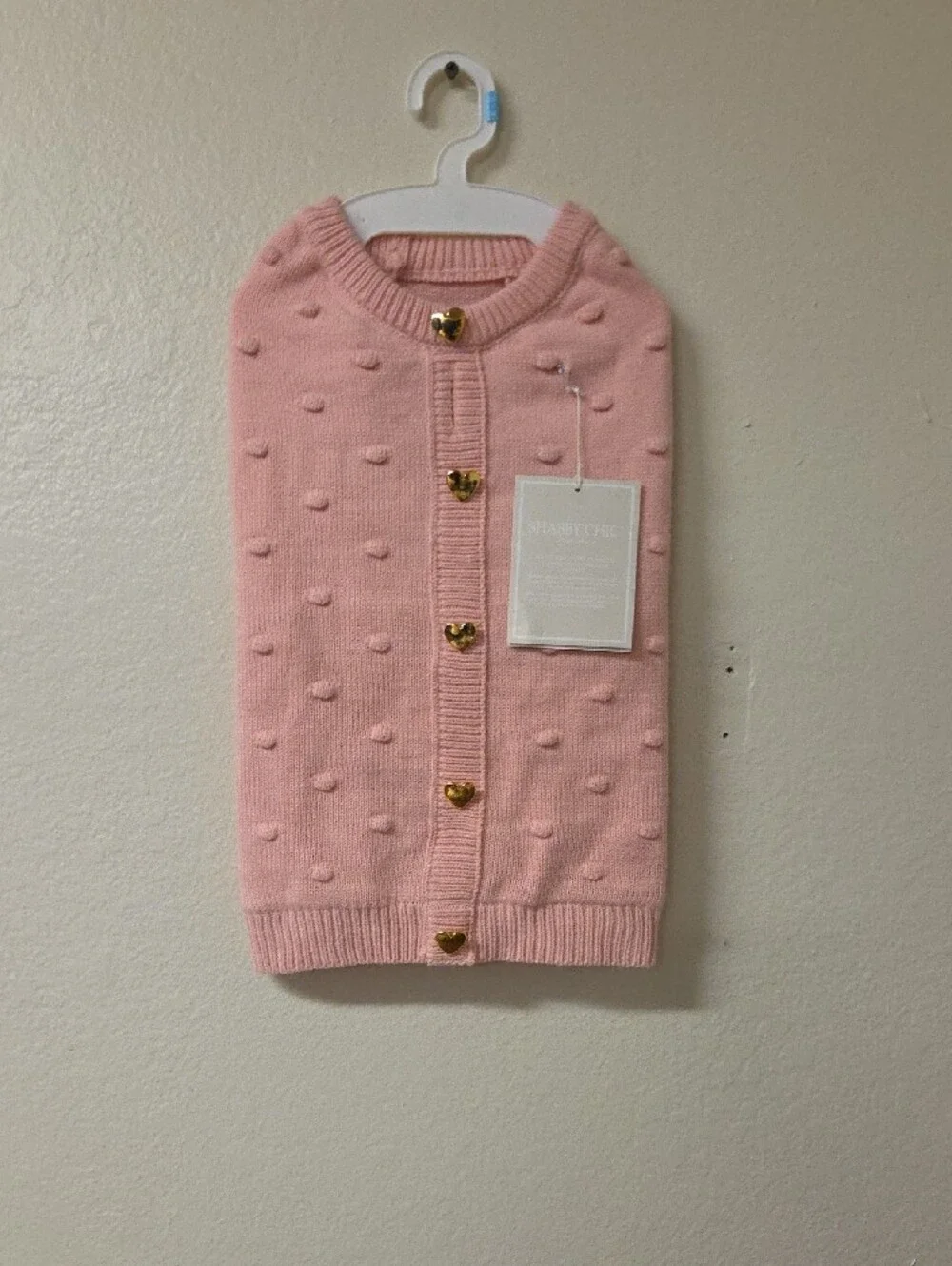 Shabby Chic Boutique Pink Bobble-Knit Dog Cardigan with Gold Heart Buttons